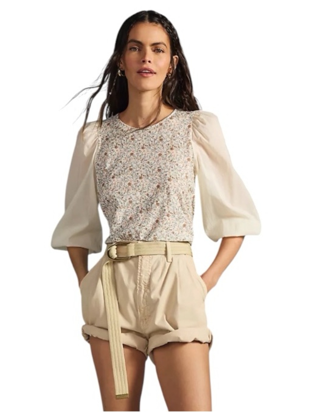 Nation LTD Shalom Tie Back Puff Sleeve Pima Cotton Floral Top Small